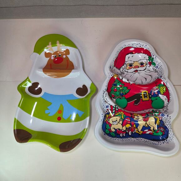 Lot of 2 Christmas Cookie Trays – Santa & Reindeer Shaped Plastic Serving Plates - Picture 1 of 8